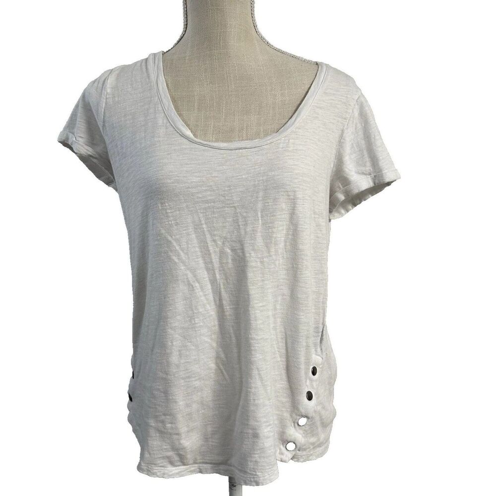 Rock & Republic White Scoop Neck Tee Sz M Cotton Jersey Side Snap Detail Casual